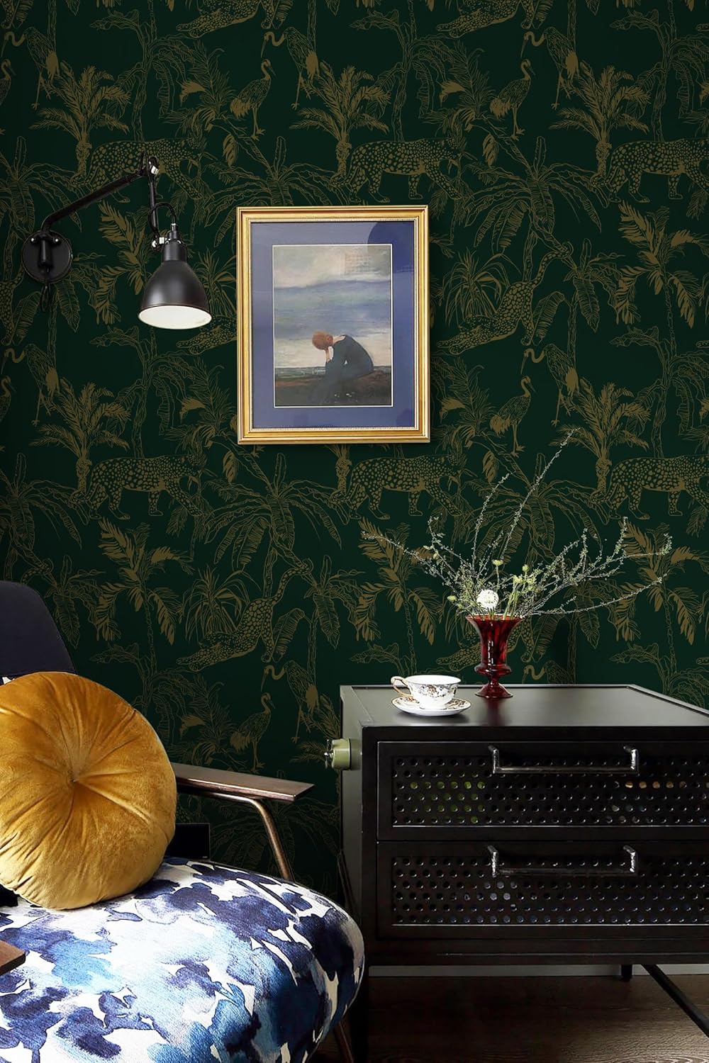 Heroad Brand Peel and Stick Wallpaper in Boho Dark Green and Gold Cheetah Jungle Design - Removable Waterproof Contact Paper for Cabinets - 17.3"x78.7