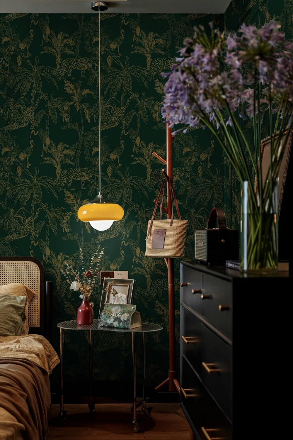 Heroad Brand Peel and Stick Wallpaper in Boho Dark Green and Gold Cheetah Jungle Design - Removable Waterproof Contact Paper for Cabinets - 17.3"x78.7