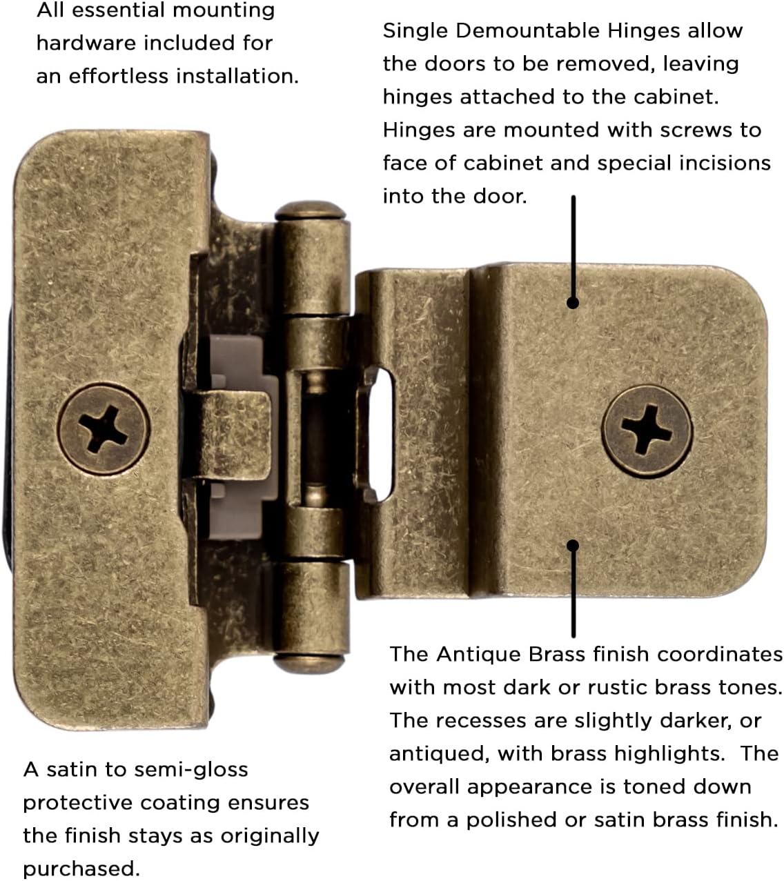 Hickory Hardware P5312-AB Double Demountable Hinge with Self-Closing Feature - Antique Brass Finish, 1 Pair. - WildKart