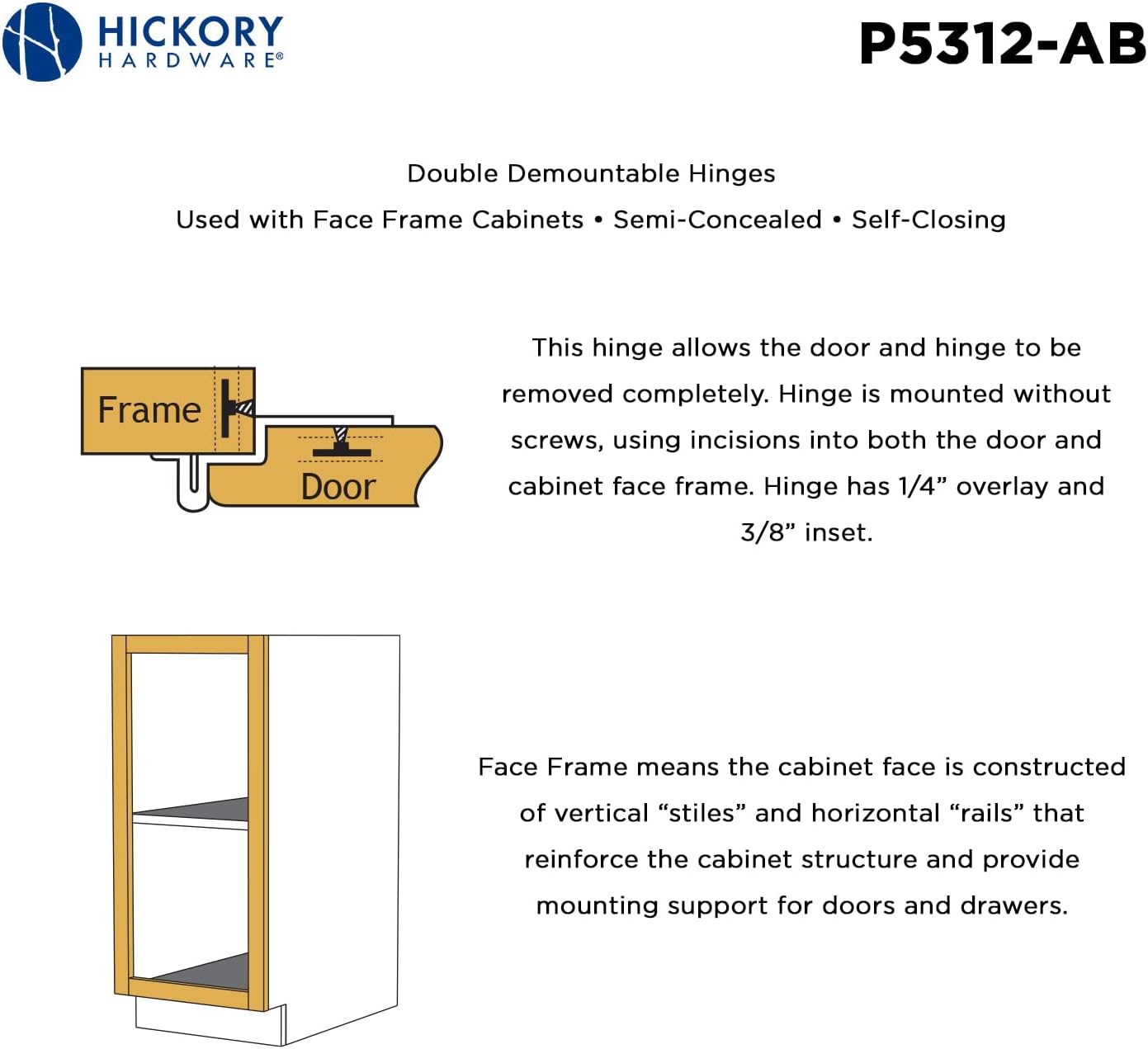 Hickory Hardware P5312-AB Double Demountable Hinge with Self-Closing Feature - Antique Brass Finish, 1 Pair. - WildKart
