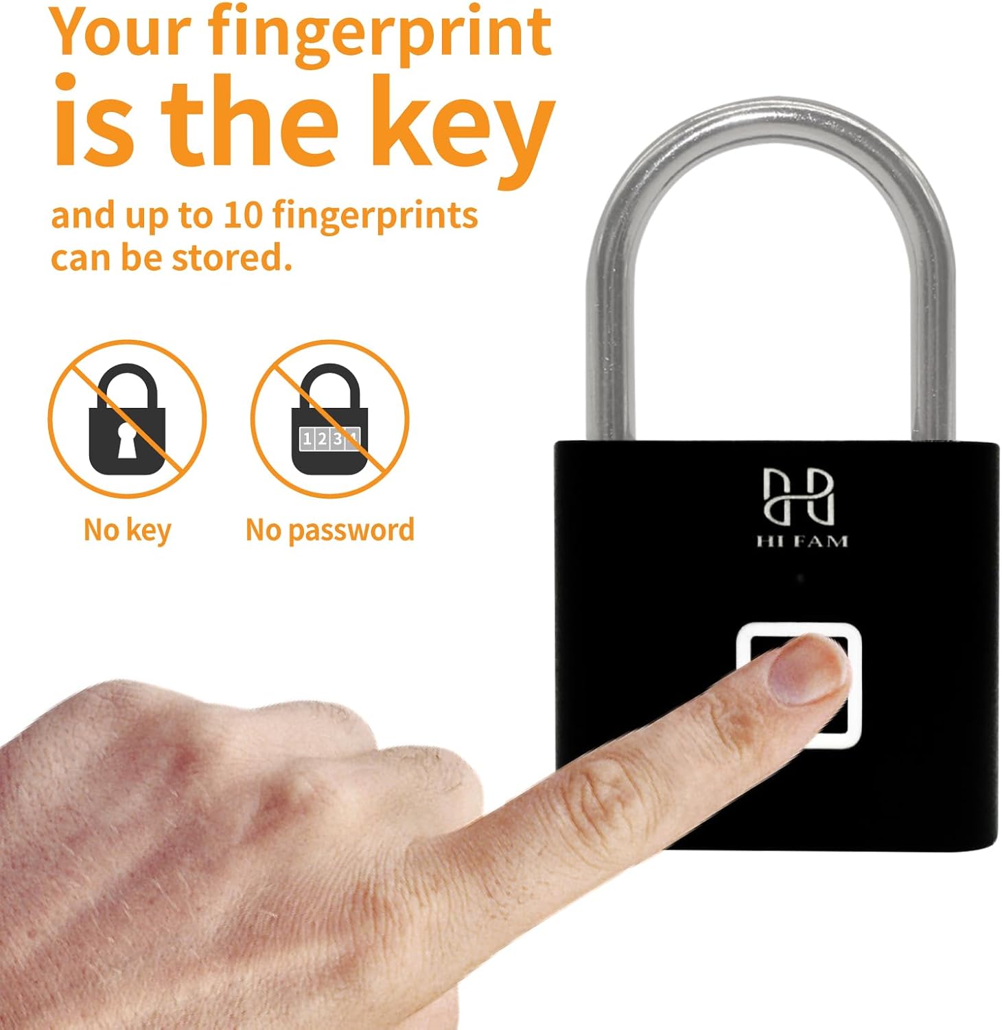 HIFAM Keyless Biometric Fingerprint Padlock for Outdoor Gates, Storage, and Gym - USB Rechargeable Smart Lock (Black) - WildKart