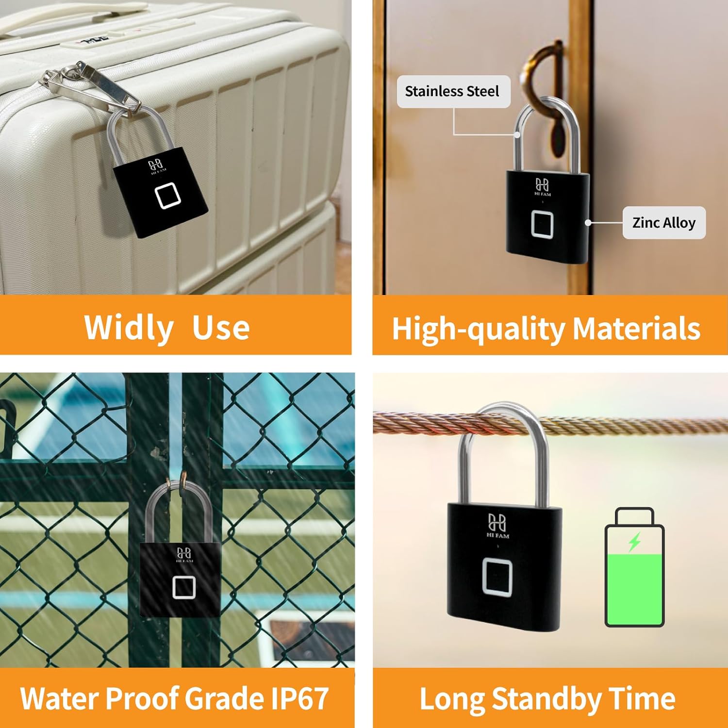 HIFAM Keyless Biometric Fingerprint Padlock for Outdoor Gates, Storage, and Gym - USB Rechargeable Smart Lock (Black) - WildKart