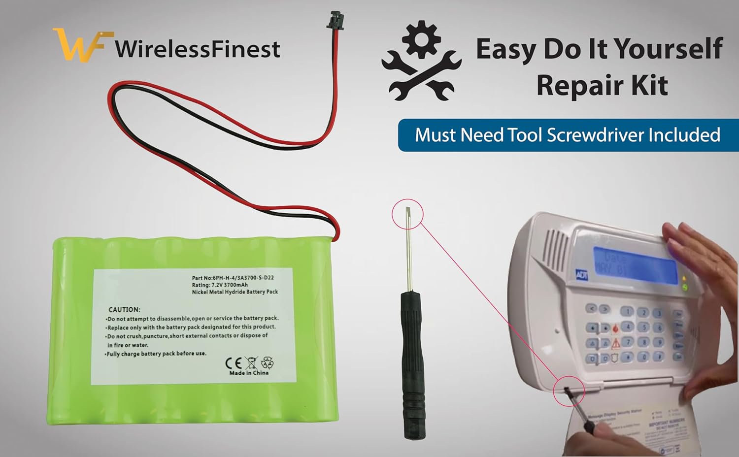 High Capacity Replacement Battery and Tool for ADT DSC IMPASSA 9057 SCW9055 SCW9057 BH7236-SS 17000145 17000152 Home Security System - DSC 6PH-H-4/3A3600-S-D22 - Solve Low Battery Power Problem