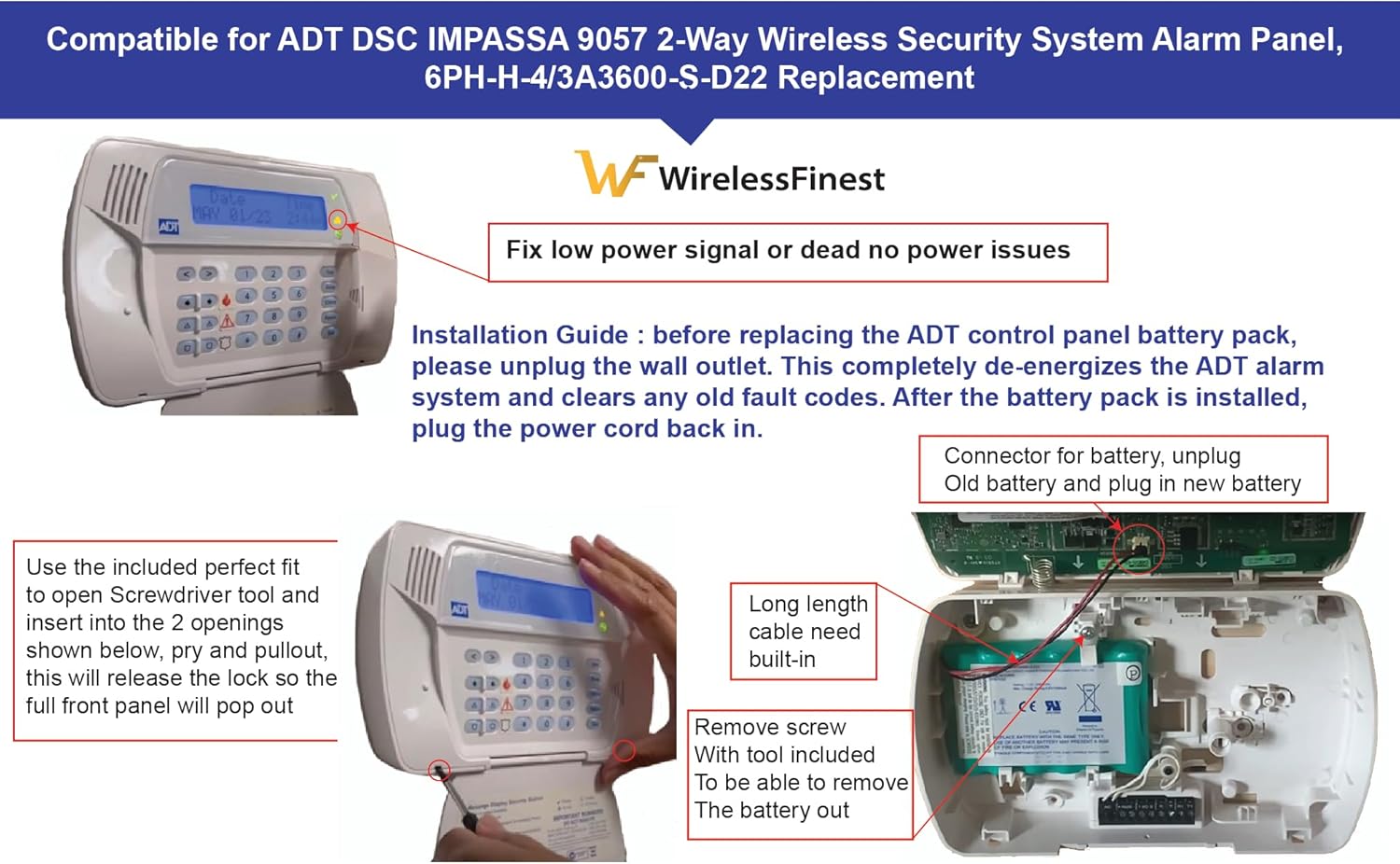High Capacity Replacement Battery and Tool for ADT DSC IMPASSA 9057 SCW9055 SCW9057 BH7236-SS 17000145 17000152 Home Security System - DSC 6PH-H-4/3A3600-S-D22 - Solve Low Battery Power Problem
