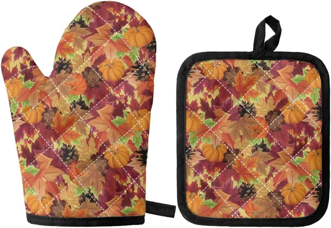 High Heat Resistant Fall Theme Oven Mitt and Pot Holder Set - 500 Degree Kitchen Glove with Maple Leaf, Pumpkin, and Pine Cone Design