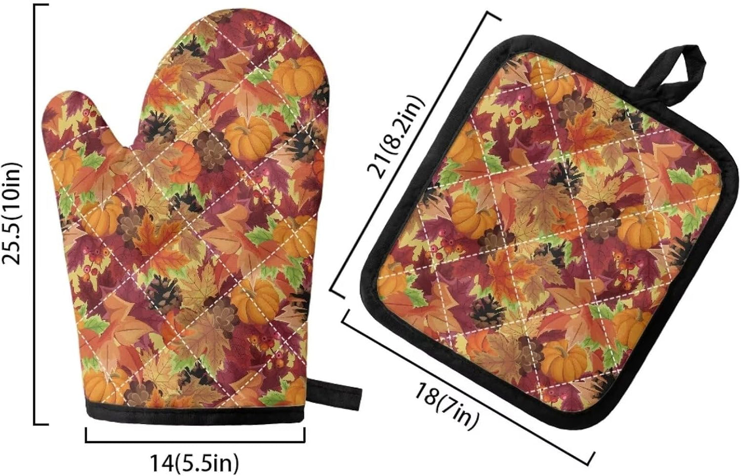 High Heat Resistant Fall Theme Oven Mitt and Pot Holder Set - 500 Degree Kitchen Glove with Maple Leaf, Pumpkin, and Pine Cone Design