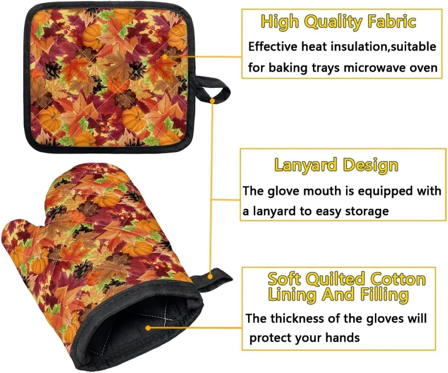 High Heat Resistant Fall Theme Oven Mitt and Pot Holder Set - 500 Degree Kitchen Glove with Maple Leaf, Pumpkin, and Pine Cone Design