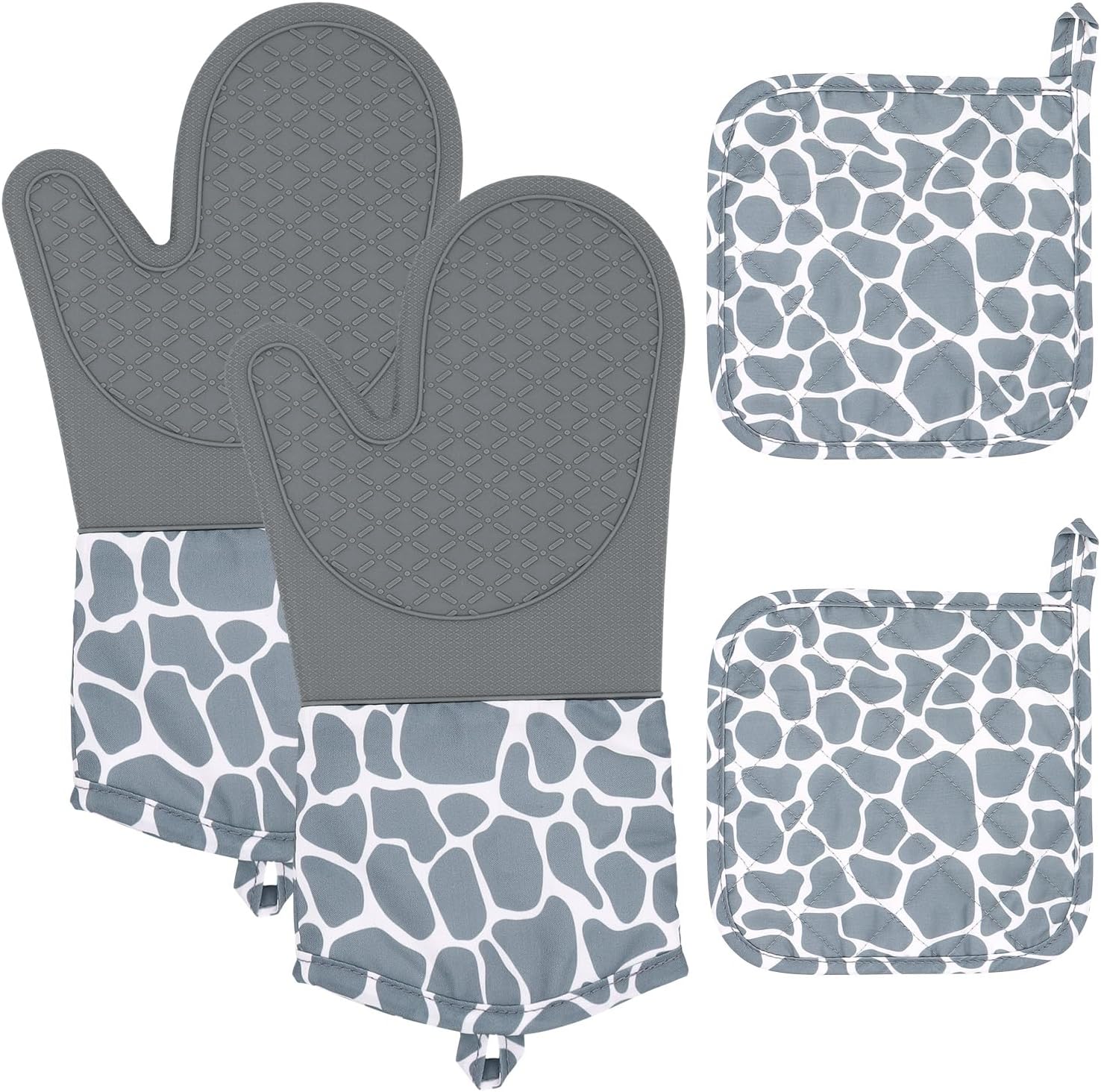 High Heat Resistant Oven Mitts and Pot Holders Set - 4 Piece Kitchen Gloves with Non-Slip Silicone Surface for Baking, Cooking, and Grilling - HADEEONG