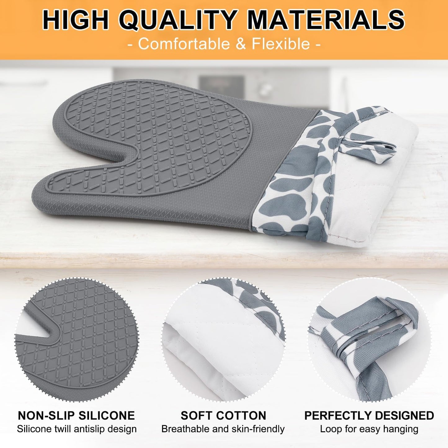 High Heat Resistant Oven Mitts and Pot Holders Set - 4 Piece Kitchen Gloves with Non-Slip Silicone Surface for Baking, Cooking, and Grilling - HADEEONG