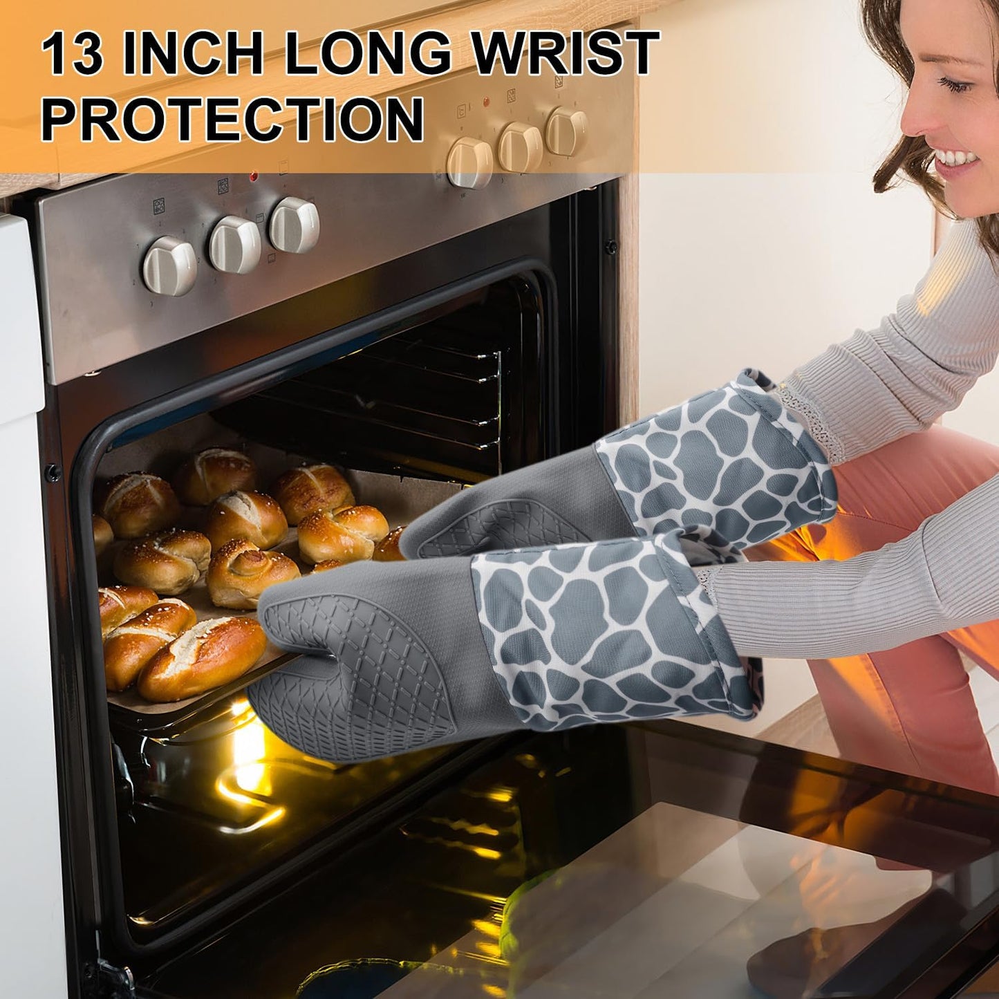 High Heat Resistant Oven Mitts and Pot Holders Set - 4 Piece Kitchen Gloves with Non-Slip Silicone Surface for Baking, Cooking, and Grilling - HADEEONG