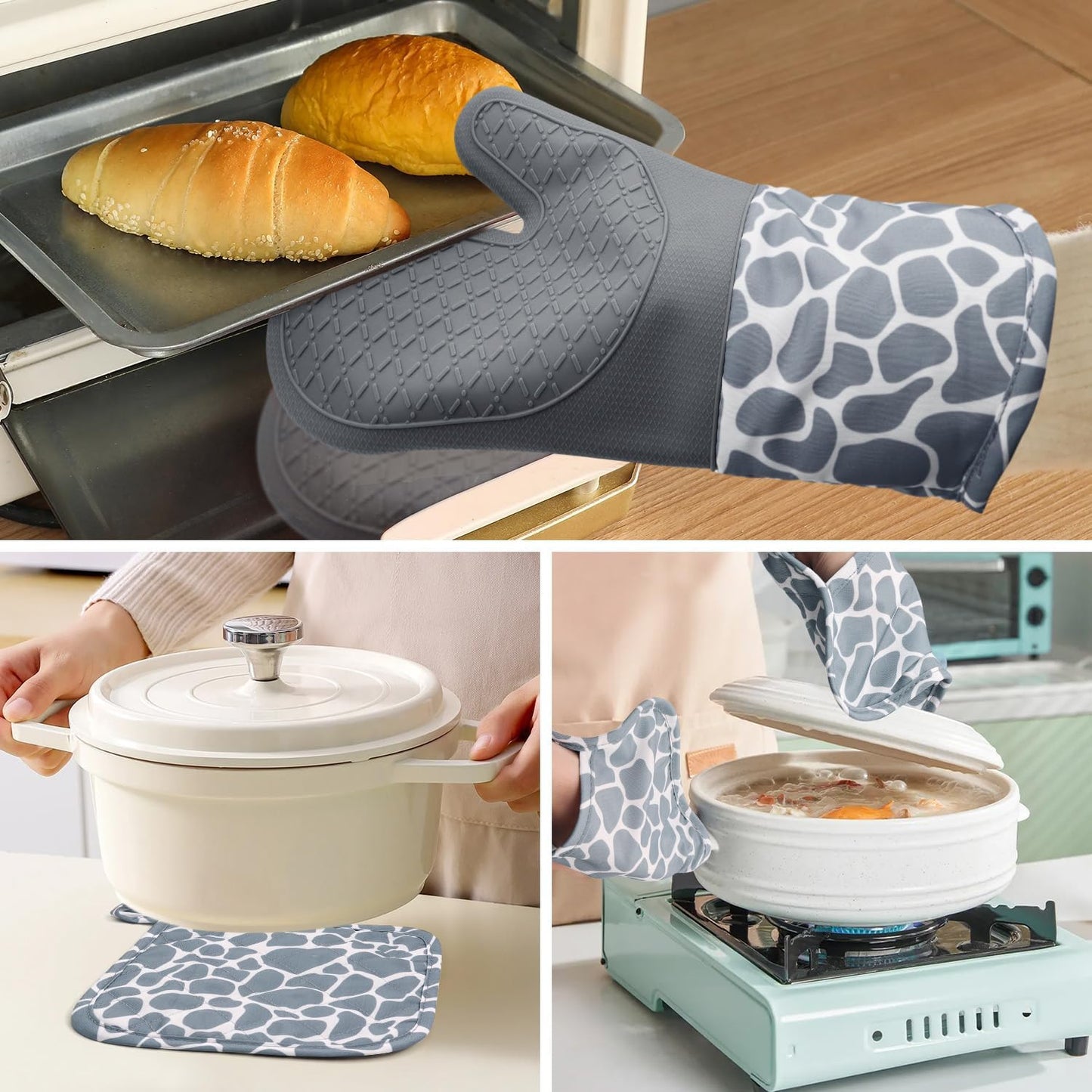 High Heat Resistant Oven Mitts and Pot Holders Set - 4 Piece Kitchen Gloves with Non-Slip Silicone Surface for Baking, Cooking, and Grilling - HADEEONG