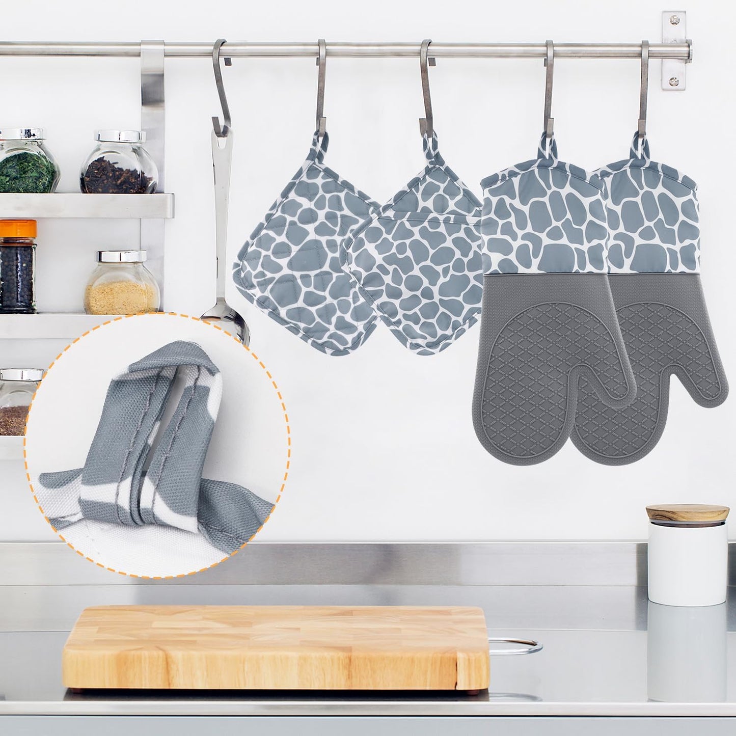 High Heat Resistant Oven Mitts and Pot Holders Set - 4 Piece Kitchen Gloves with Non-Slip Silicone Surface for Baking, Cooking, and Grilling - HADEEONG