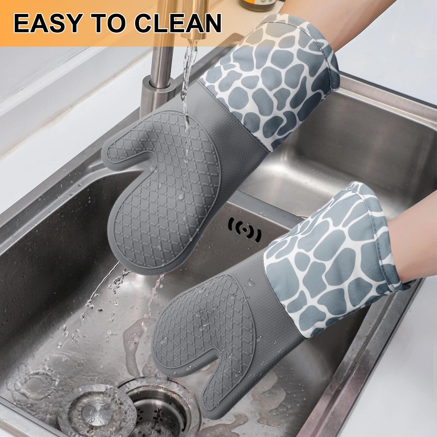 High Heat Resistant Oven Mitts and Pot Holders Set - 4 Piece Kitchen Gloves with Non-Slip Silicone Surface for Baking, Cooking, and Grilling - HADEEONG