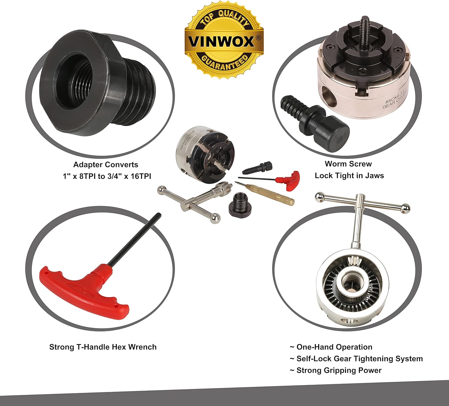 High-Quality VINWOX SCK4-3.75 Wood Lathe Chuck with Thread Adapters - 3-3/4" Gear Chuck for Precision Woodworking