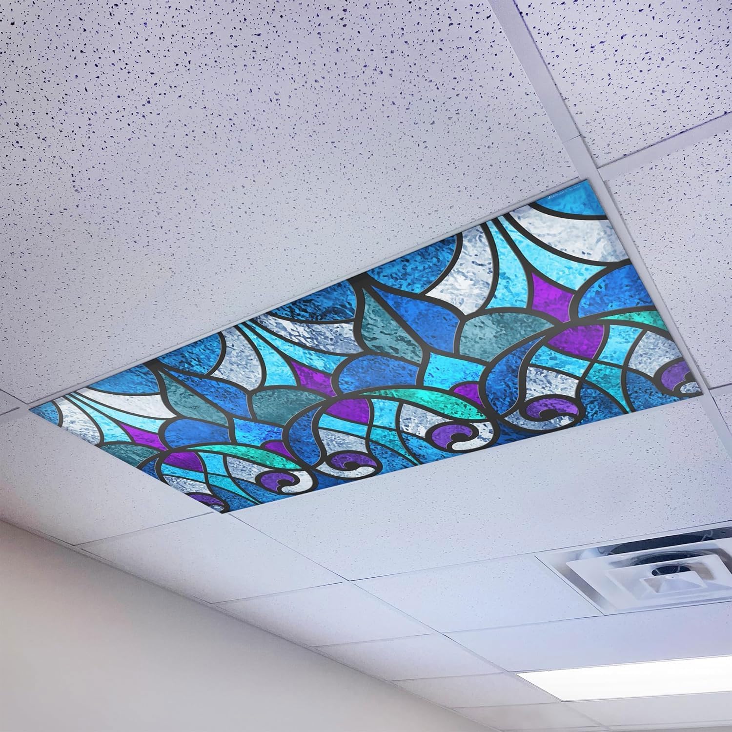 High Resolution Magnetic Fluorescent Light Cover for 2x4 Ceiling Lights - Pack of 1 Office Light Filter - Eliminate Headaches & Eyestrain - Stained Glass Design - Classroom Friendly