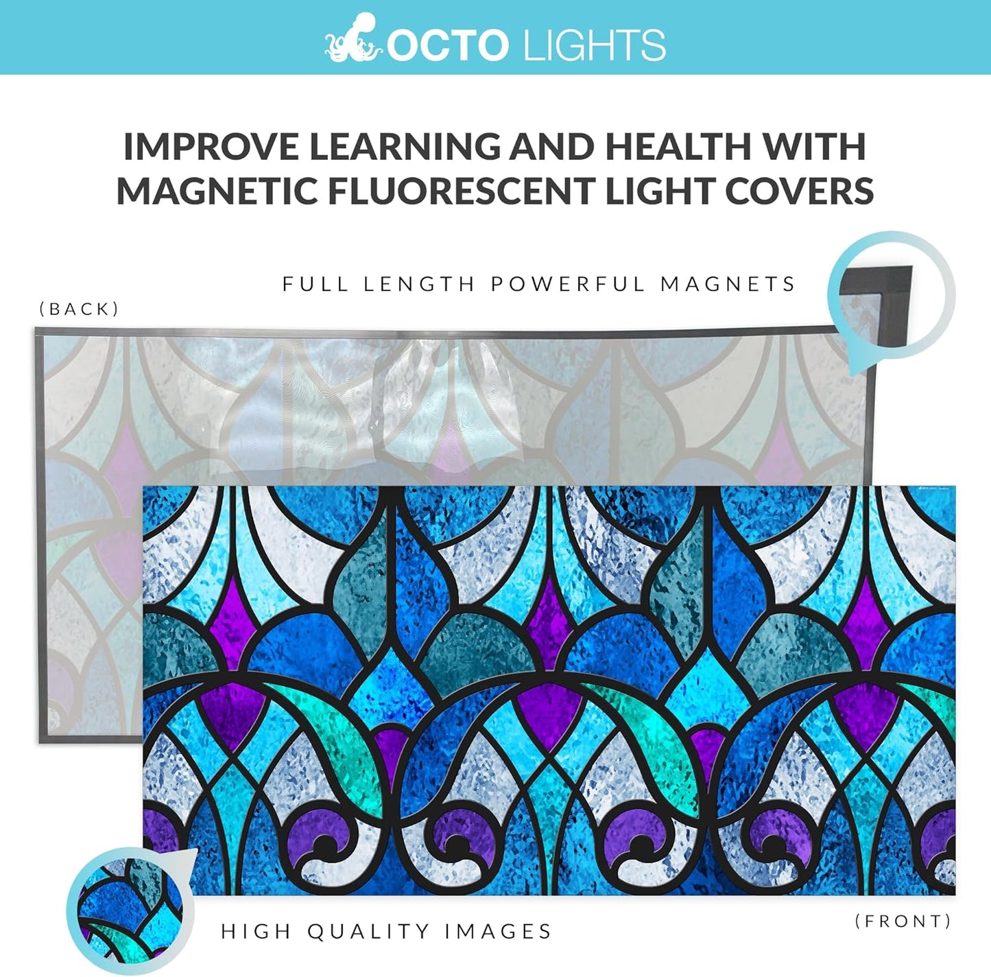 High Resolution Magnetic Fluorescent Light Cover for 2x4 Ceiling Lights - Pack of 1 Office Light Filter - Eliminate Headaches & Eyestrain - Stained Glass Design - Classroom Friendly
