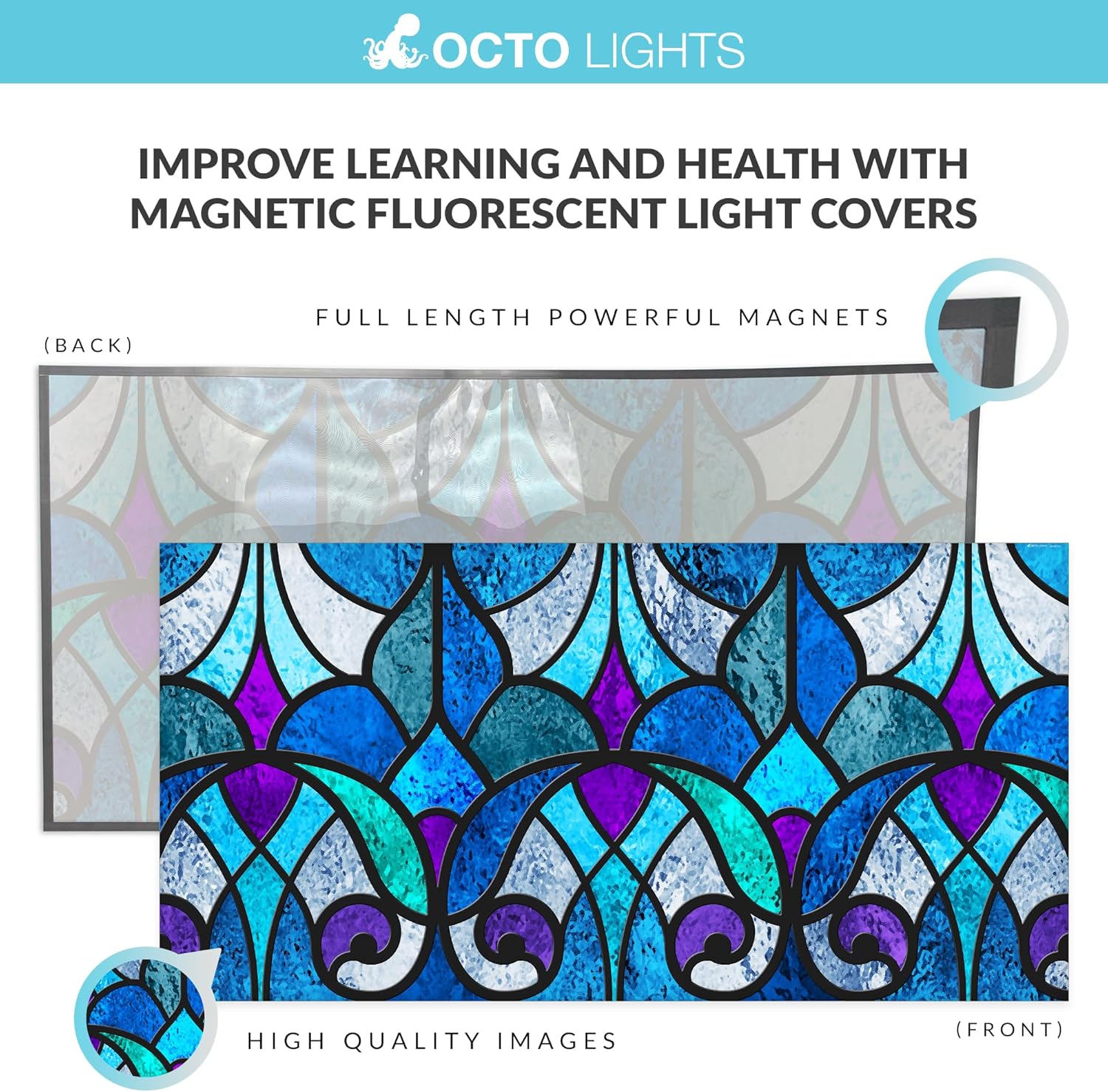 High Resolution Magnetic Fluorescent Light Cover for 2x4 Ceiling Lights - Pack of 1 Office Light Filter - Eliminate Headaches & Eyestrain - Stained Glass Design - Classroom Friendly