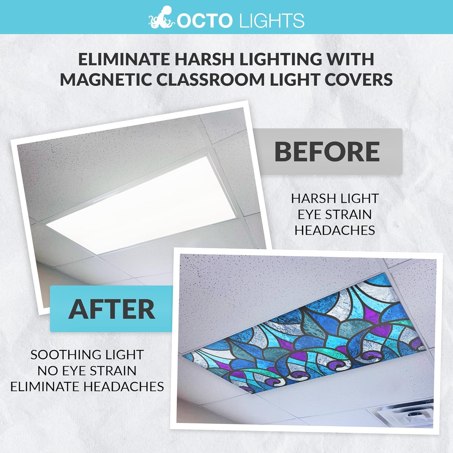 High Resolution Magnetic Fluorescent Light Cover for 2x4 Ceiling Lights - Pack of 1 Office Light Filter - Eliminate Headaches & Eyestrain - Stained Glass Design - Classroom Friendly