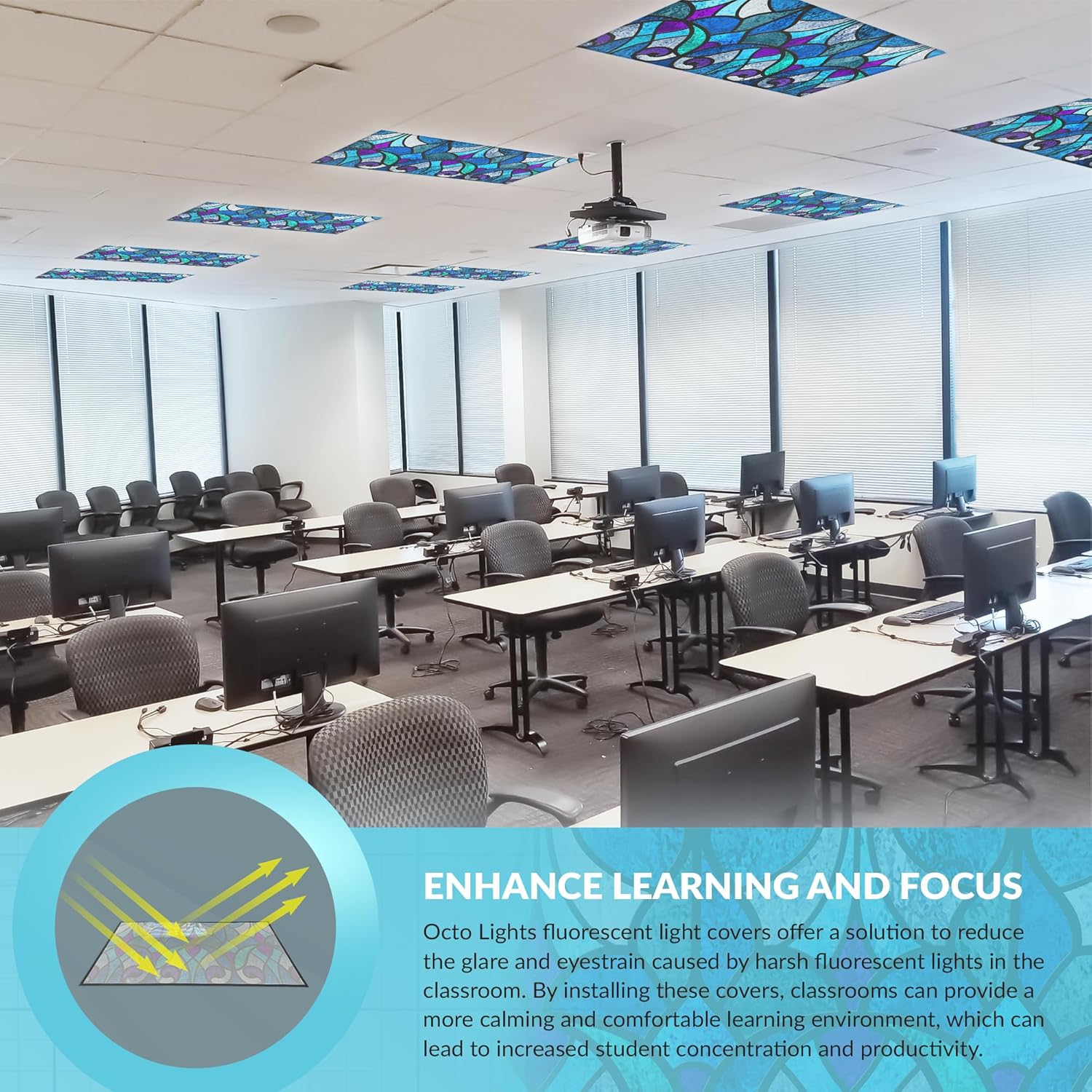 High Resolution Magnetic Fluorescent Light Cover for 2x4 Ceiling Lights - Pack of 1 Office Light Filter - Eliminate Headaches & Eyestrain - Stained Glass Design - Classroom Friendly
