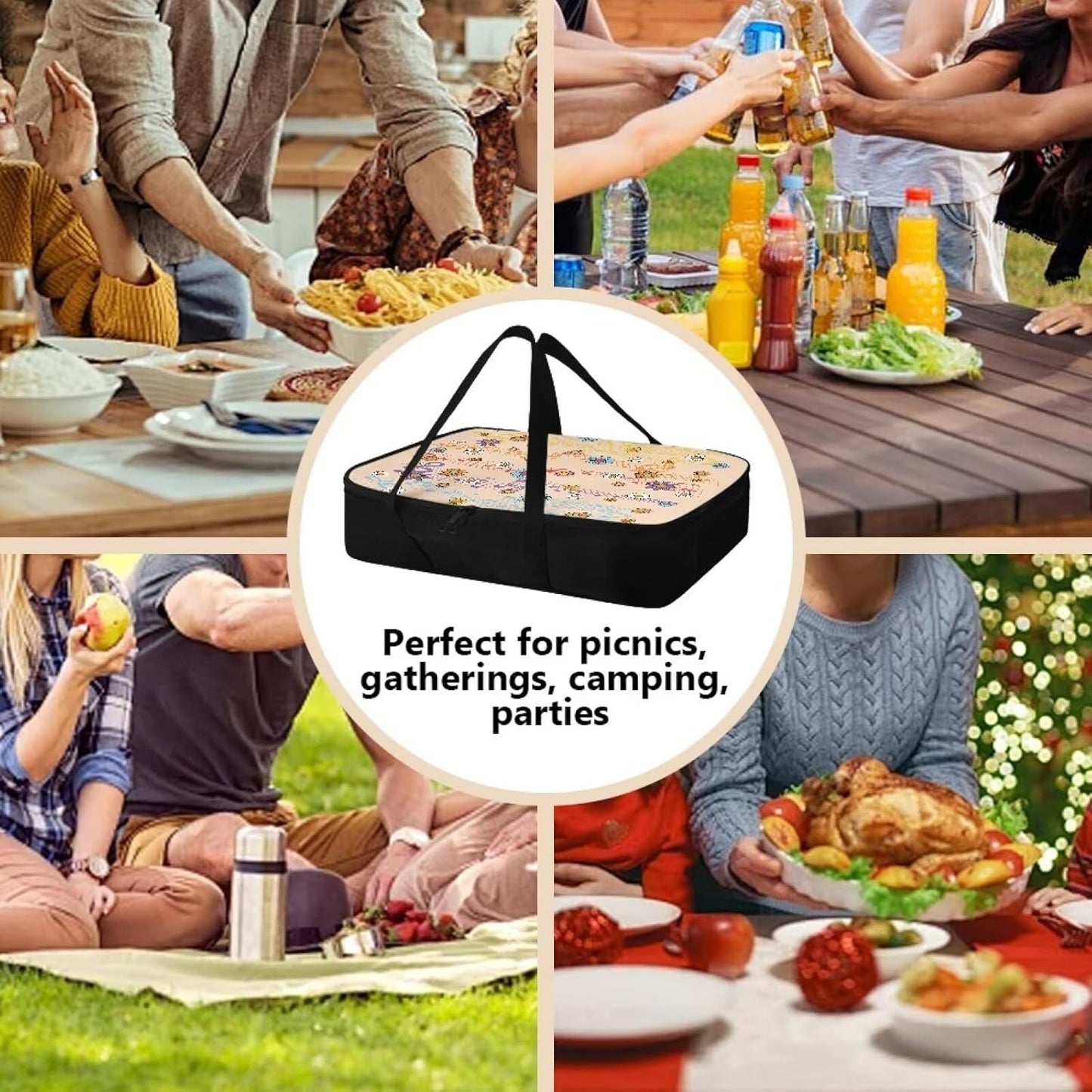 Hippie Flower Print Square Casserole Dish Cooler Carrier for 9 x 13 Baking Dish - Insulated Carrier with Comfortable Handles for Holiday Gatherings