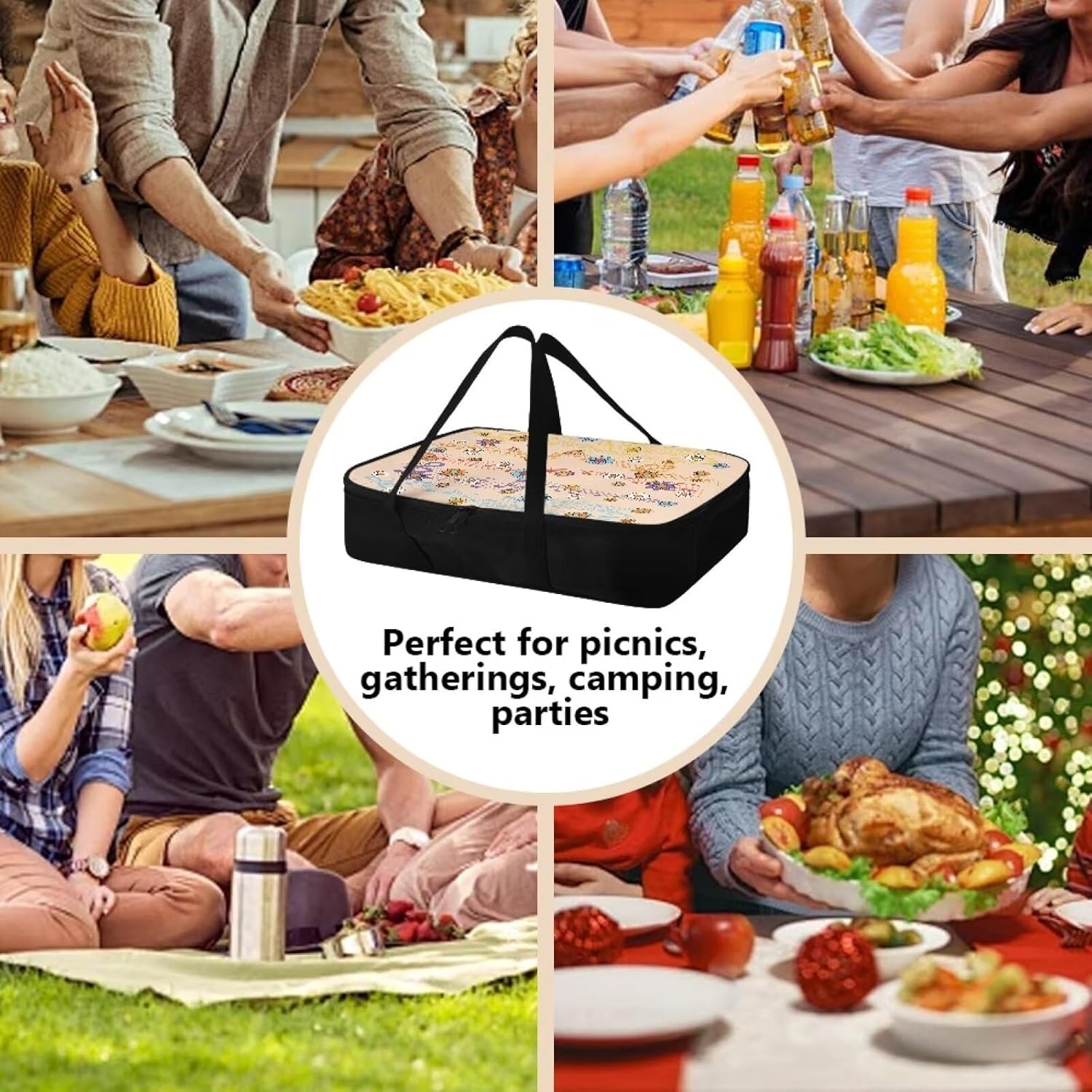 Hippie Flower Print Square Casserole Dish Cooler Carrier for 9 x 13 Baking Dish - Insulated Carrier with Comfortable Handles for Holiday Gatherings