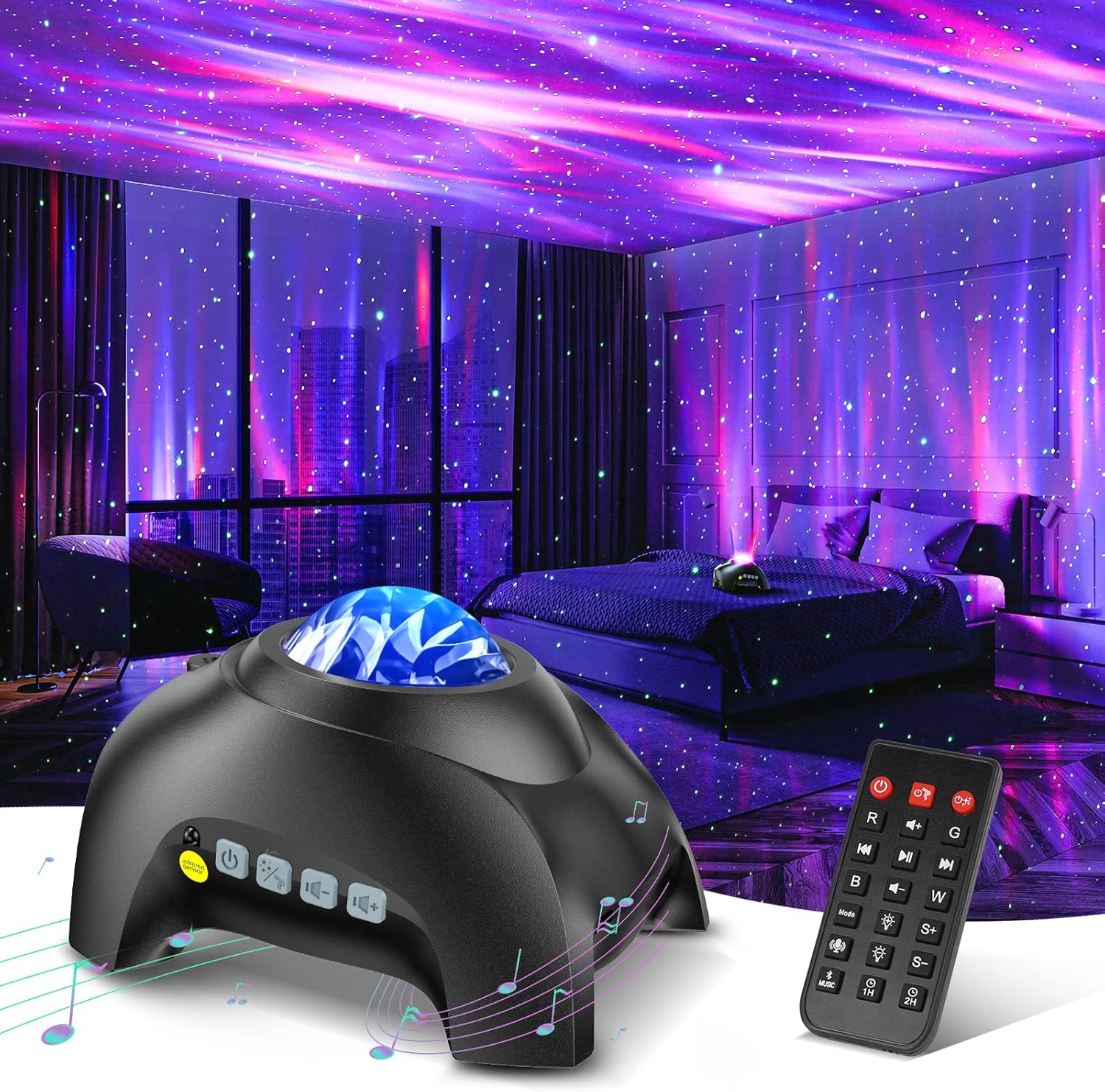 HODANS Northern Galaxy Light Projector with 33 Effects, LED Star Nebula Lamp, Remote Control, White Noises, Bluetooth Speaker - Ideal for Bedroom Parties