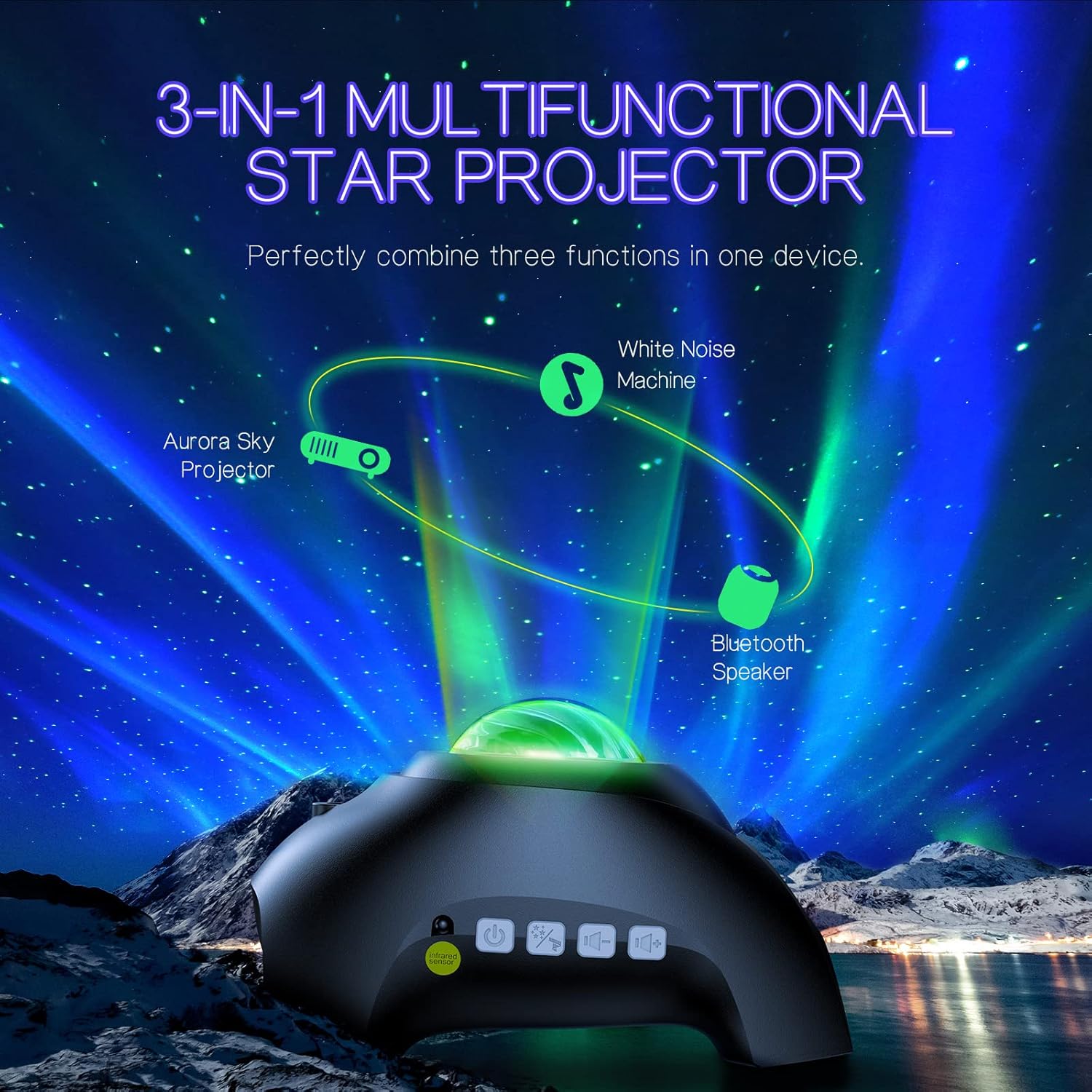 HODANS Northern Galaxy Light Projector with 33 Effects, LED Star Nebula Lamp, Remote Control, White Noises, Bluetooth Speaker - Ideal for Bedroom Parties