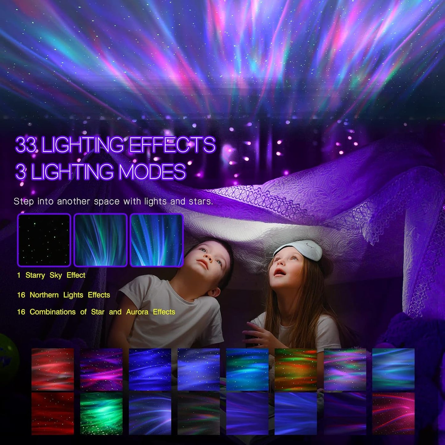 HODANS Northern Galaxy Light Projector with 33 Effects, LED Star Nebula Lamp, Remote Control, White Noises, Bluetooth Speaker - Ideal for Bedroom Parties