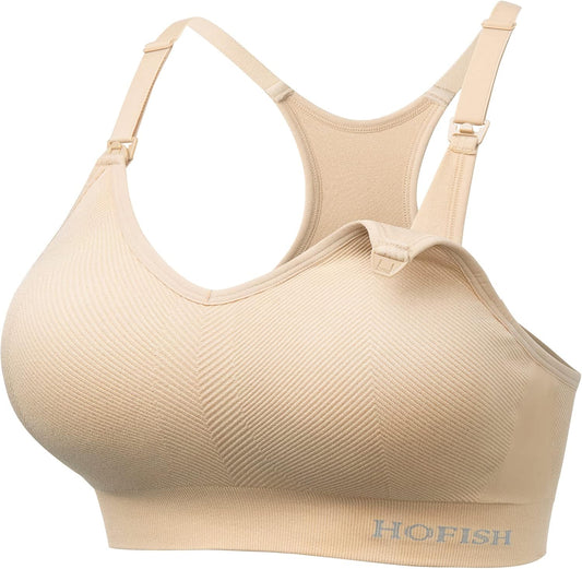 HOFISH Medium Impact Nursing Sports Bra for Breastfeeding - Seamless Racerback Maternity and Pregnancy Support Bra