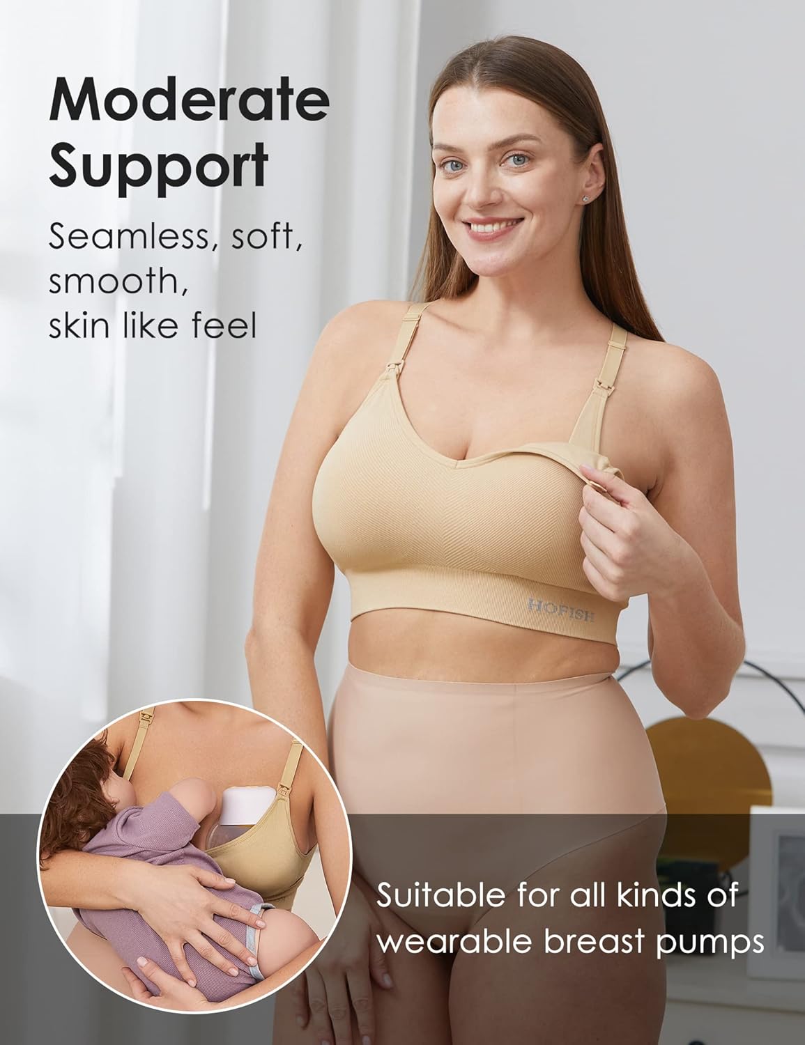 HOFISH Medium Impact Nursing Sports Bra for Breastfeeding - Seamless Racerback Maternity and Pregnancy Support Bra