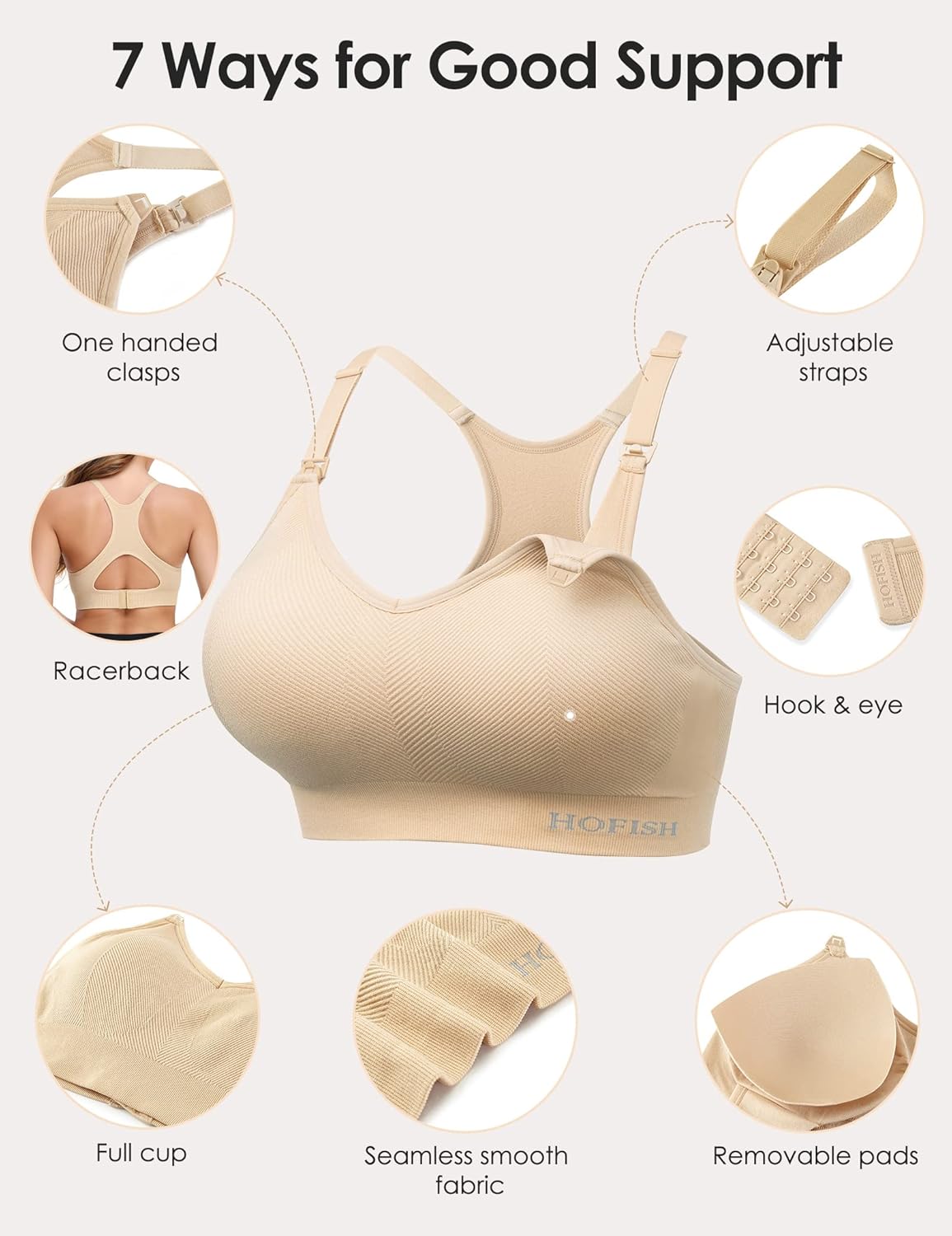 HOFISH Medium Impact Nursing Sports Bra for Breastfeeding - Seamless Racerback Maternity and Pregnancy Support Bra