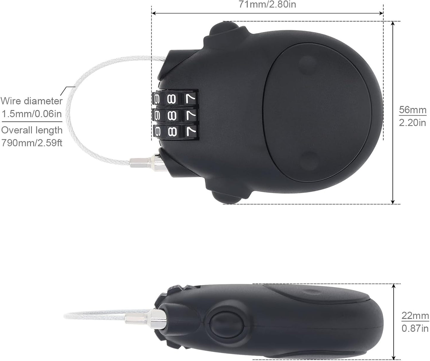 HOJLKLD Combination Cable Lock, Cable Luggage Lock with 30 inch Retractable Steel Cable, Travel Lock Combo Mini Lock for Suitcase Stroller Bike (Black)