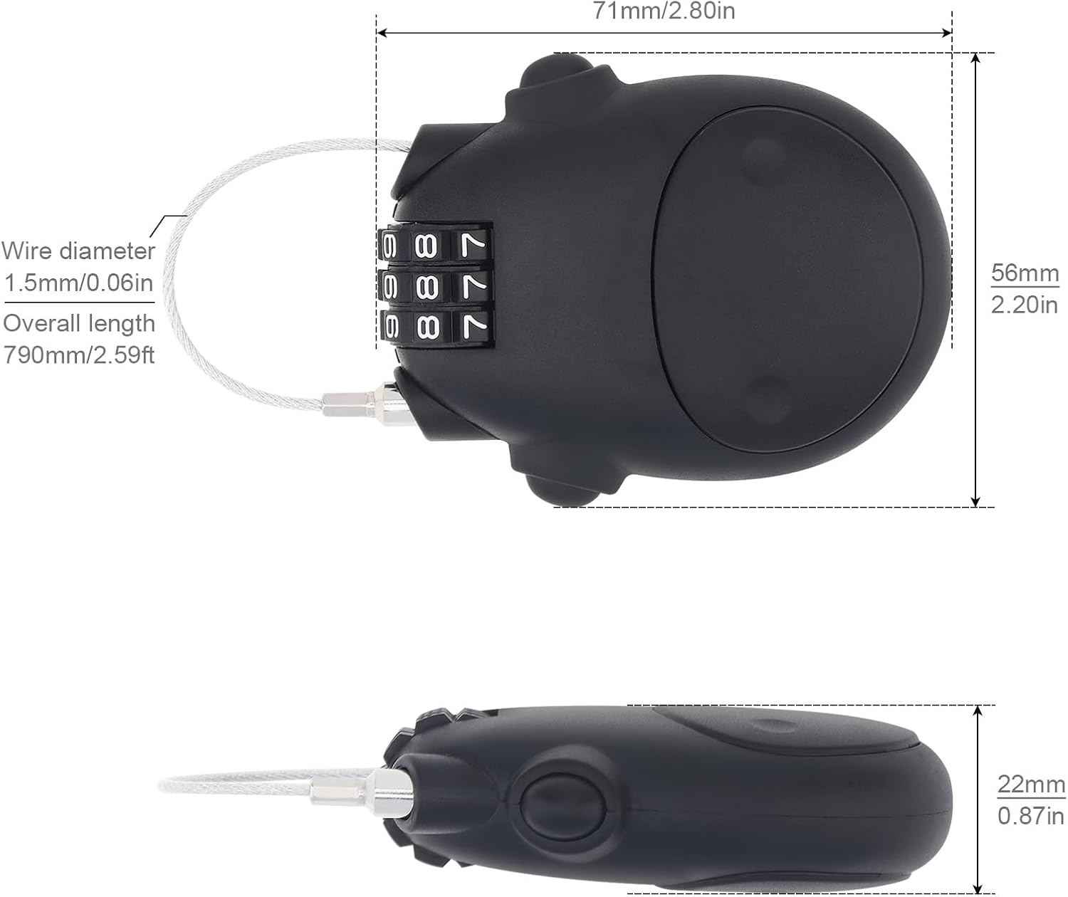 HOJLKLD Combination Cable Lock, Cable Luggage Lock with 30 inch Retractable Steel Cable, Travel Lock Combo Mini Lock for Suitcase Stroller Bike (Black)