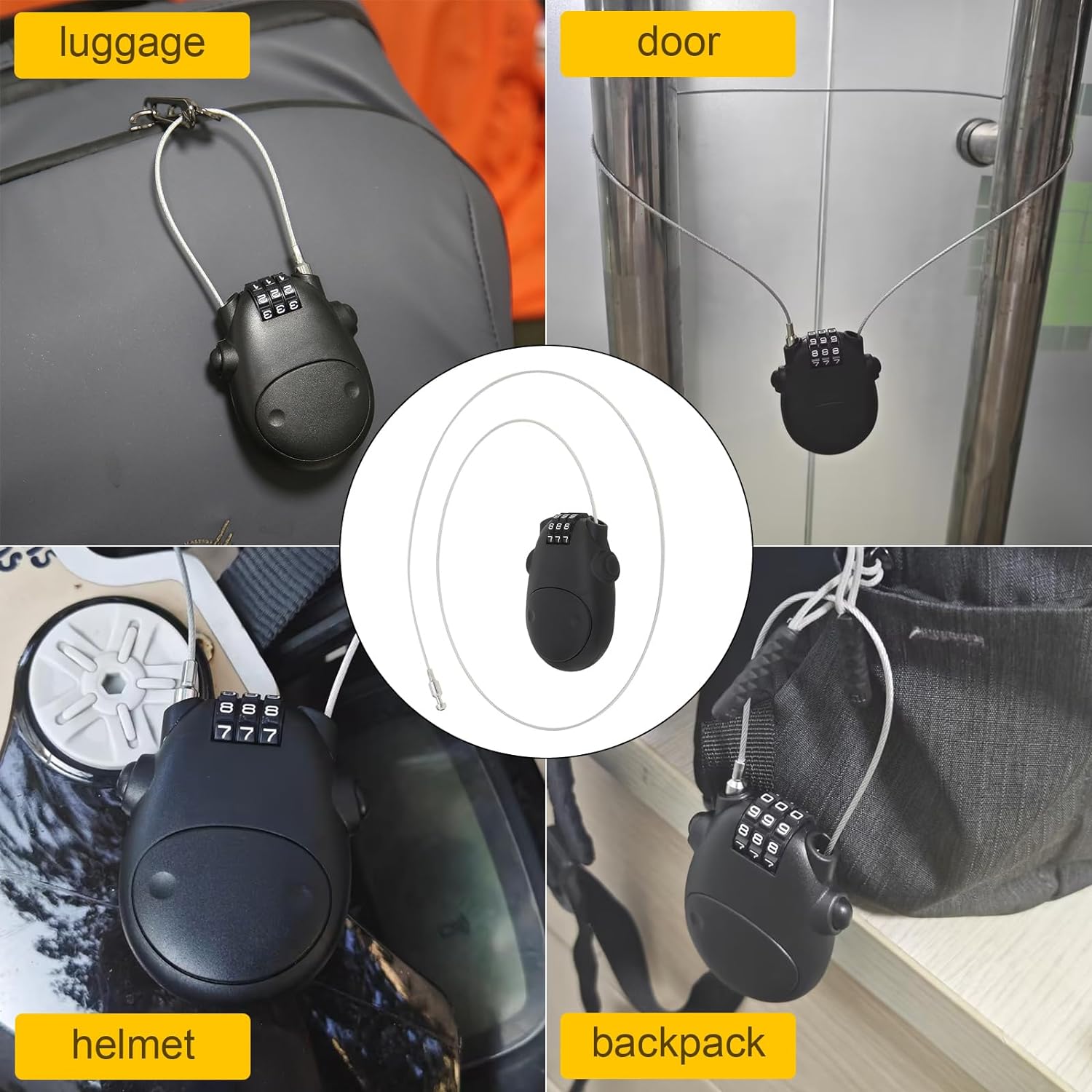 HOJLKLD Combination Cable Lock, Cable Luggage Lock with 30 inch Retractable Steel Cable, Travel Lock Combo Mini Lock for Suitcase Stroller Bike (Black)