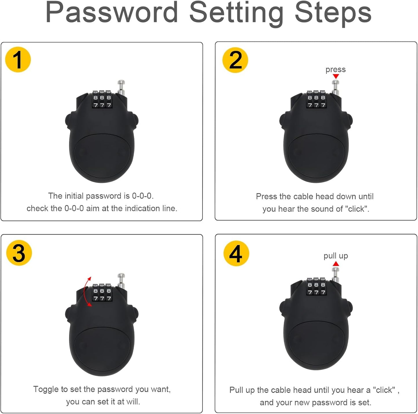 HOJLKLD Combination Cable Lock, Cable Luggage Lock with 30 inch Retractable Steel Cable, Travel Lock Combo Mini Lock for Suitcase Stroller Bike (Black)