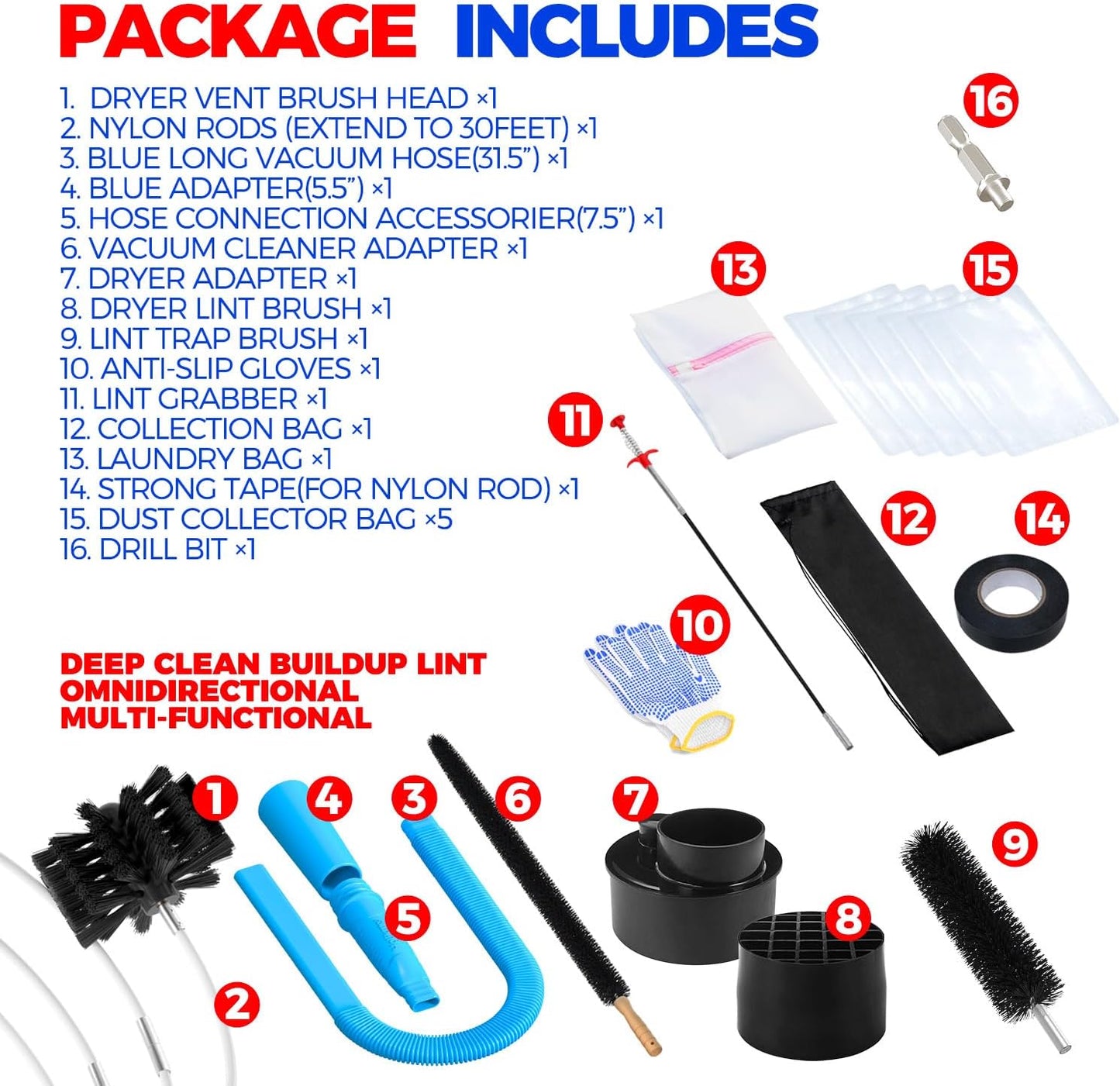 Holikme 25ft Dryer Vent Cleaner Kit with Omnidirectional Brush and Vacuum Hose - Blue