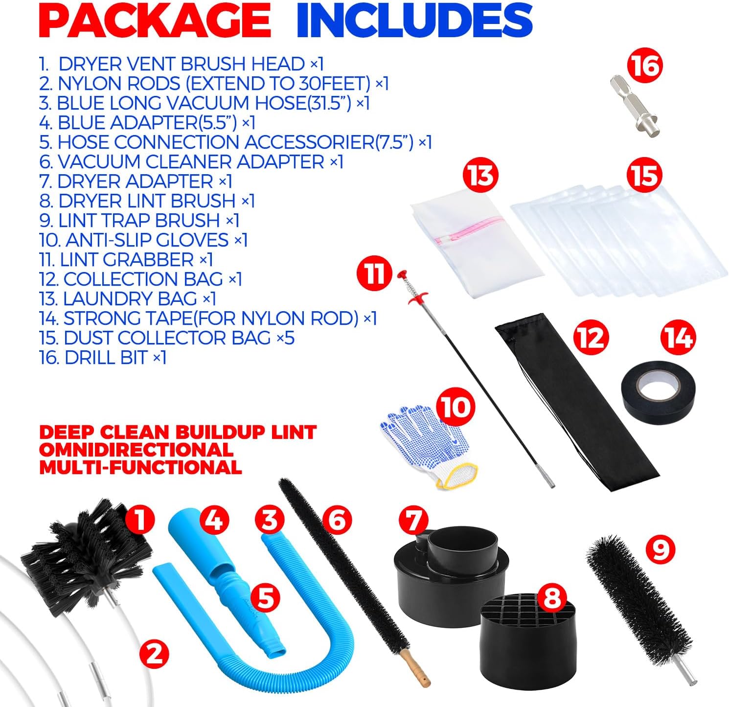 Holikme 25ft Dryer Vent Cleaner Kit with Omnidirectional Brush and Vacuum Hose - Blue