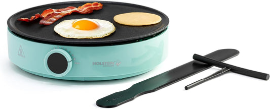Holstein Housewares 12” Crepe Maker with Adjustable Temperature Control and Nonstick Griddle - Ideal for Crepes, Blintzes, Pancakes, Eggs, Bacon - Easy to Clean and Indicator Lights Included
