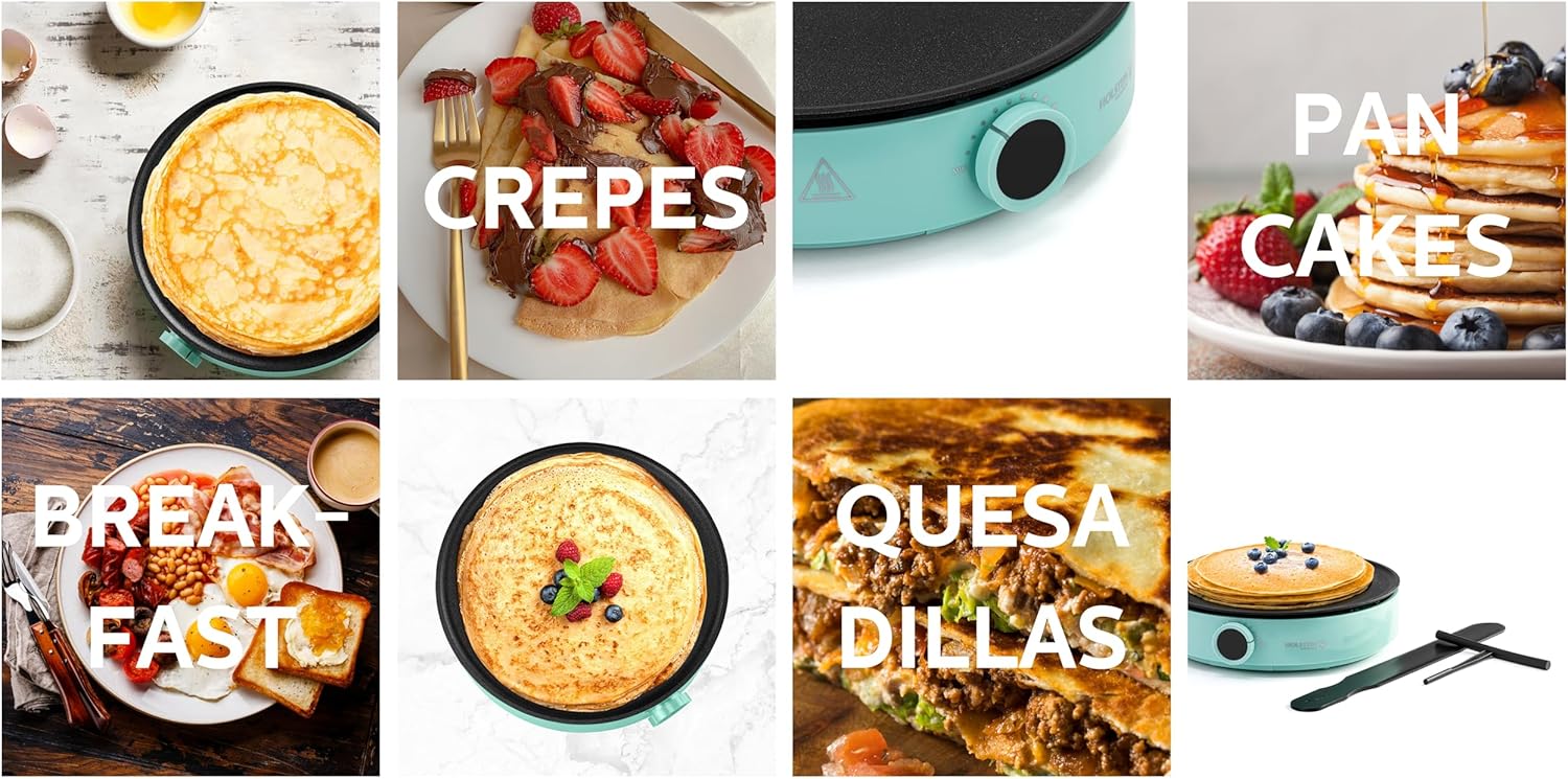 Holstein Housewares 12” Crepe Maker with Adjustable Temperature Control and Nonstick Griddle - Ideal for Crepes, Blintzes, Pancakes, Eggs, Bacon - Easy to Clean and Indicator Lights Included