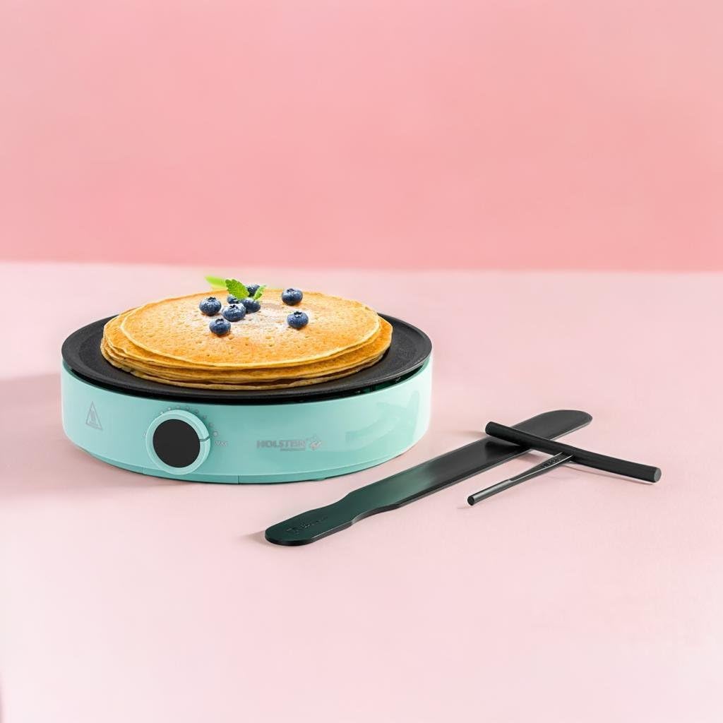 Holstein Housewares 12” Crepe Maker with Adjustable Temperature Control and Nonstick Griddle - Ideal for Crepes, Blintzes, Pancakes, Eggs, Bacon - Easy to Clean and Indicator Lights Included