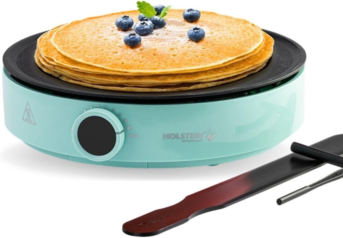 Holstein Housewares 12” Crepe Maker with Adjustable Temperature Control and Nonstick Griddle - Ideal for Crepes, Blintzes, Pancakes, Eggs, Bacon - Easy to Clean and Indicator Lights Included