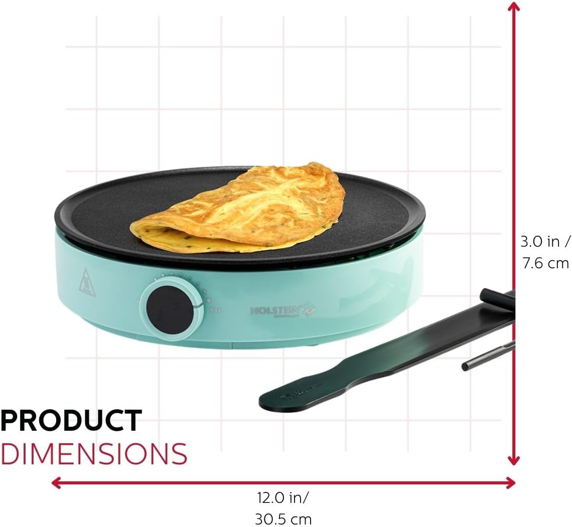 Holstein Housewares 12” Crepe Maker with Adjustable Temperature Control and Nonstick Griddle - Ideal for Crepes, Blintzes, Pancakes, Eggs, Bacon - Easy to Clean and Indicator Lights Included
