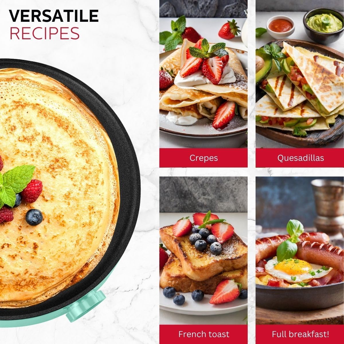 Holstein Housewares 12” Crepe Maker with Adjustable Temperature Control and Nonstick Griddle - Ideal for Crepes, Blintzes, Pancakes, Eggs, Bacon - Easy to Clean and Indicator Lights Included