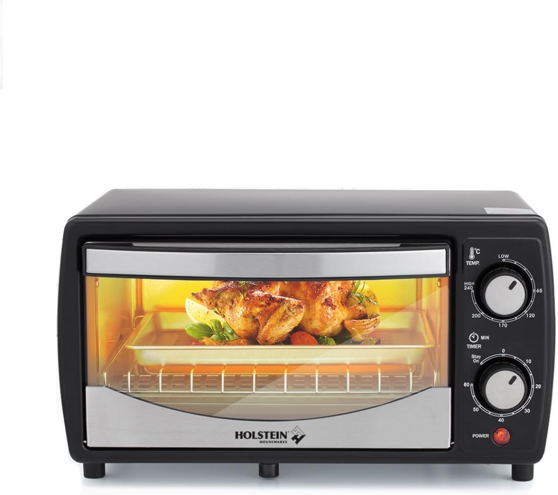 Holstein Housewares 4 Slice Toaster Oven with 60 Minute Timer, Pan, and Wire Rack - Ideal for Baking, Broiling, Toasting - Sleek Black Design