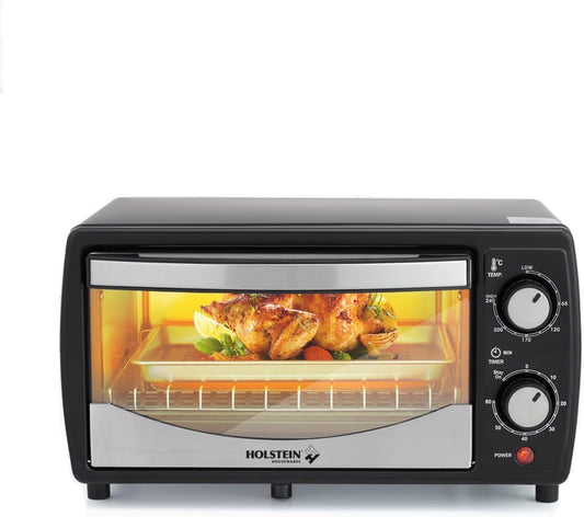 Holstein Housewares 4 Slice Toaster Oven with 60 Minute Timer, Pan, and Wire Rack - Ideal for Baking, Broiling, Toasting - Sleek Black Design