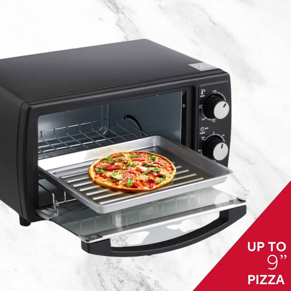 Holstein Housewares 4 Slice Toaster Oven with 60 Minute Timer, Pan, and Wire Rack - Ideal for Baking, Broiling, Toasting - Sleek Black Design