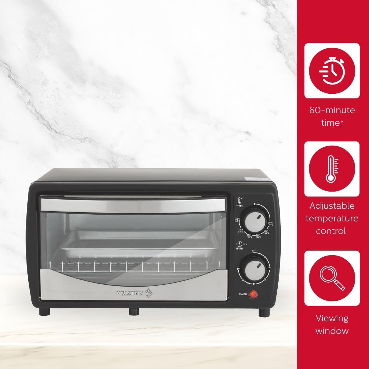 Holstein Housewares 4 Slice Toaster Oven with 60 Minute Timer, Pan, and Wire Rack - Ideal for Baking, Broiling, Toasting - Sleek Black Design