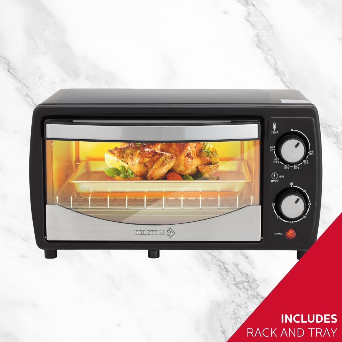 Holstein Housewares 4 Slice Toaster Oven with 60 Minute Timer, Pan, and Wire Rack - Ideal for Baking, Broiling, Toasting - Sleek Black Design