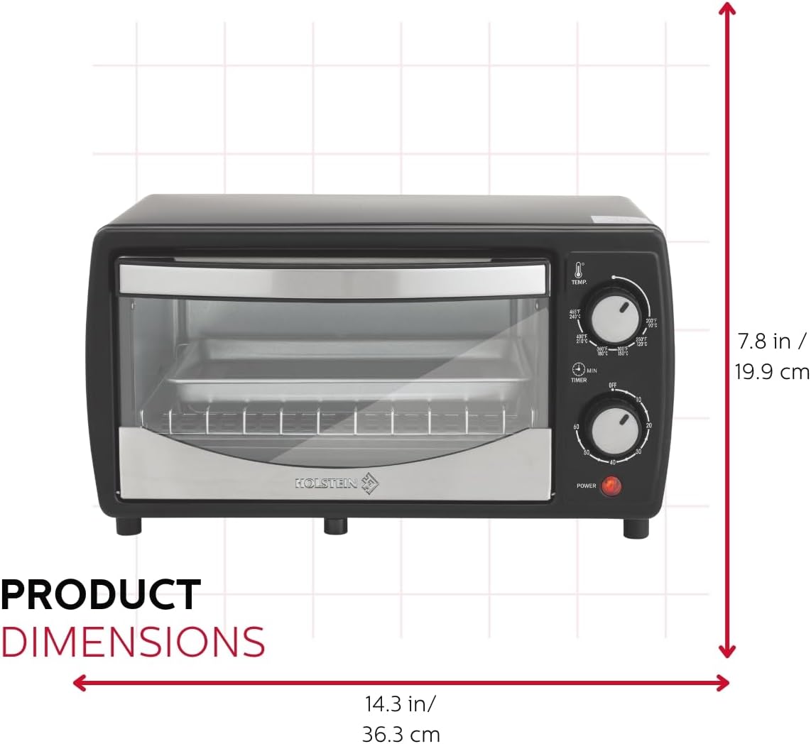 Holstein Housewares 4 Slice Toaster Oven with 60 Minute Timer, Pan, and Wire Rack - Ideal for Baking, Broiling, Toasting - Sleek Black Design
