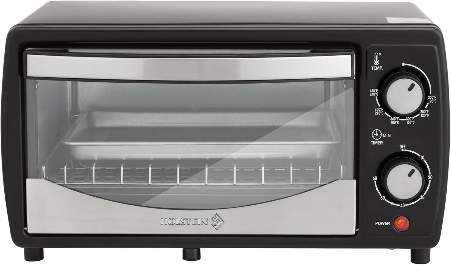 Holstein Housewares 4 Slice Toaster Oven with 60 Minute Timer, Pan, and Wire Rack - Ideal for Baking, Broiling, Toasting - Sleek Black Design